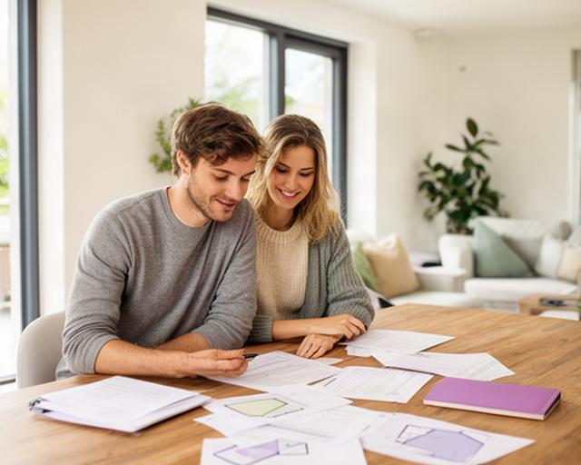 Jong stel aan een houten tafel in hun lichte nieuwbouwwoning in Terneuzen, met bouwtekeningen en een notitieboek over hun budget