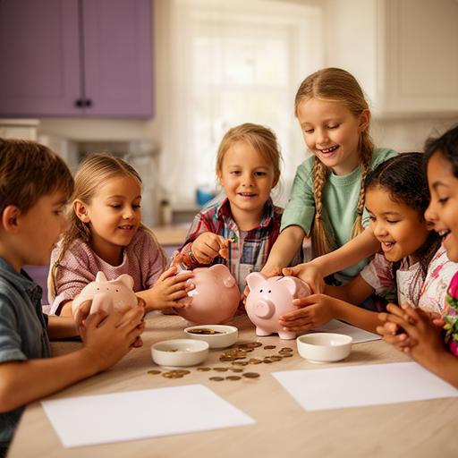 Kinderen aan een keukentafel in Terneuzen die met spaarpotten en muntgeld oefenen