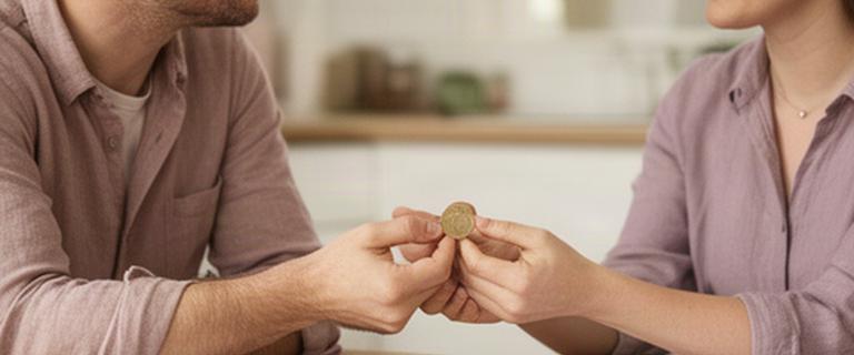 Twee partners houden samen een munt vast tijdens een rustig gesprek aan tafel