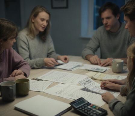 Gezin aan tafel met rekeningen en een eenvoudig budgetplan in een woning in Terneuzen