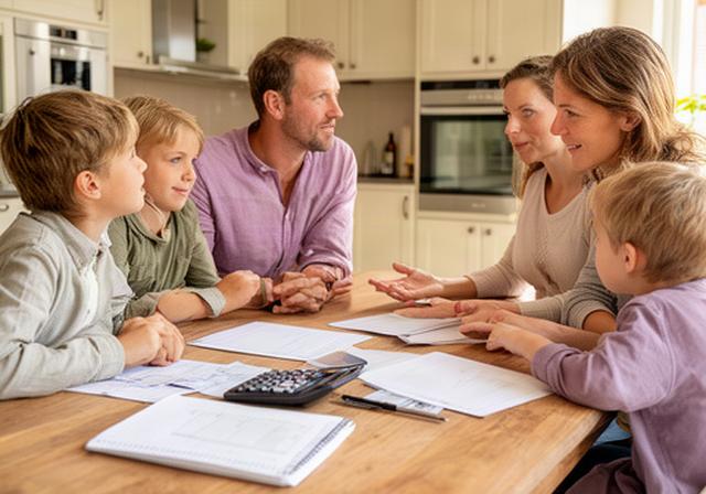 Gezin aan een houten keukentafel dat samen een huishoudbudget in Terneuzen bespreekt