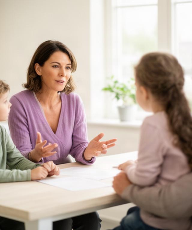 Naazrin Far, budgetcoach uit Zeeuws-Vlaanderen, spreekt met een gezin aan een lichte tafel