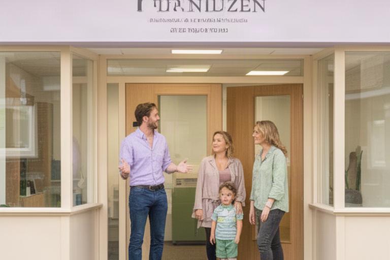 Budgetcoach ontvangt een gezin bij de ingang van een kantoor aan de Goesseweg in Terneuzen