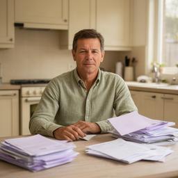 Nederlandse vader aan een keukentafel in Terneuzen met geordende financiële post